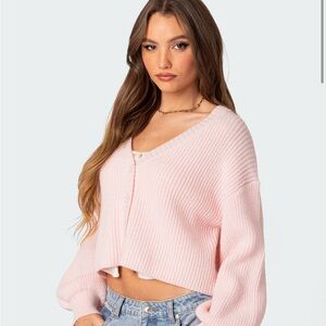 Edikted Pink Cropped Cardigan with Balloon Sleeves